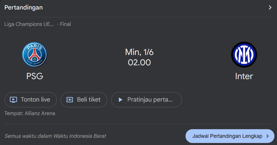Final Liga Champions 2024/25: PSG vs Inter Milan. (google)
