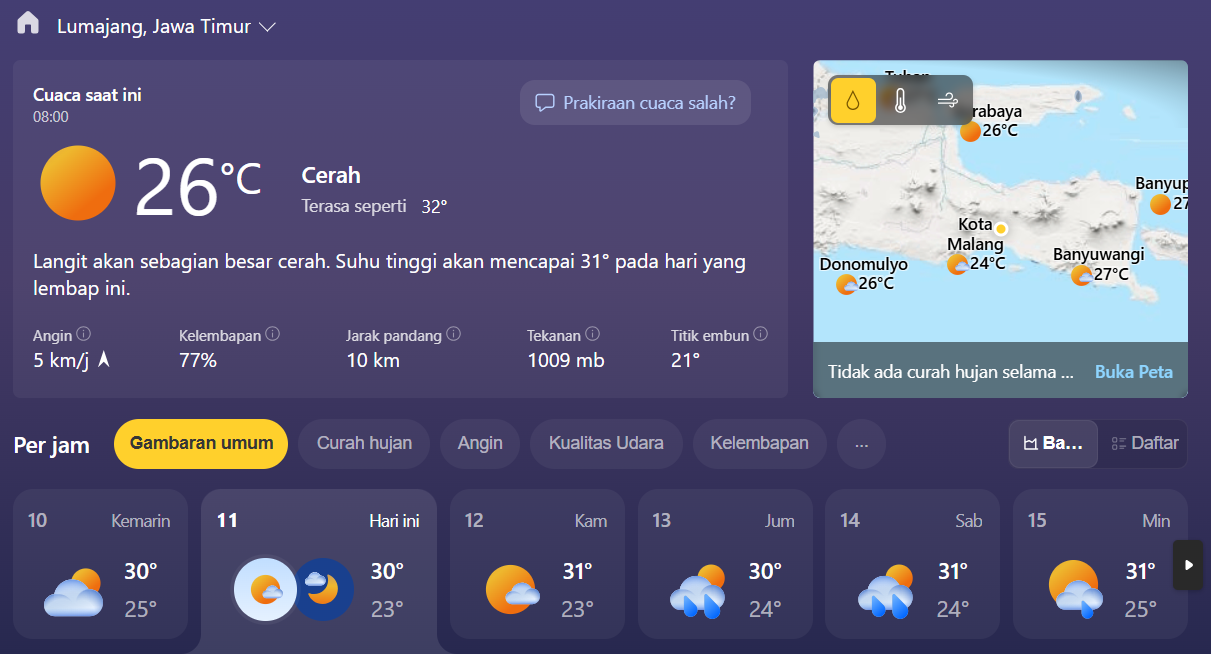 Cuaca cerah menyelimuti wilayah Lumajang pada Rabu pagi ini (11/6). Berdasarkan data terbaru pukul 08.00 WIB. (msn)