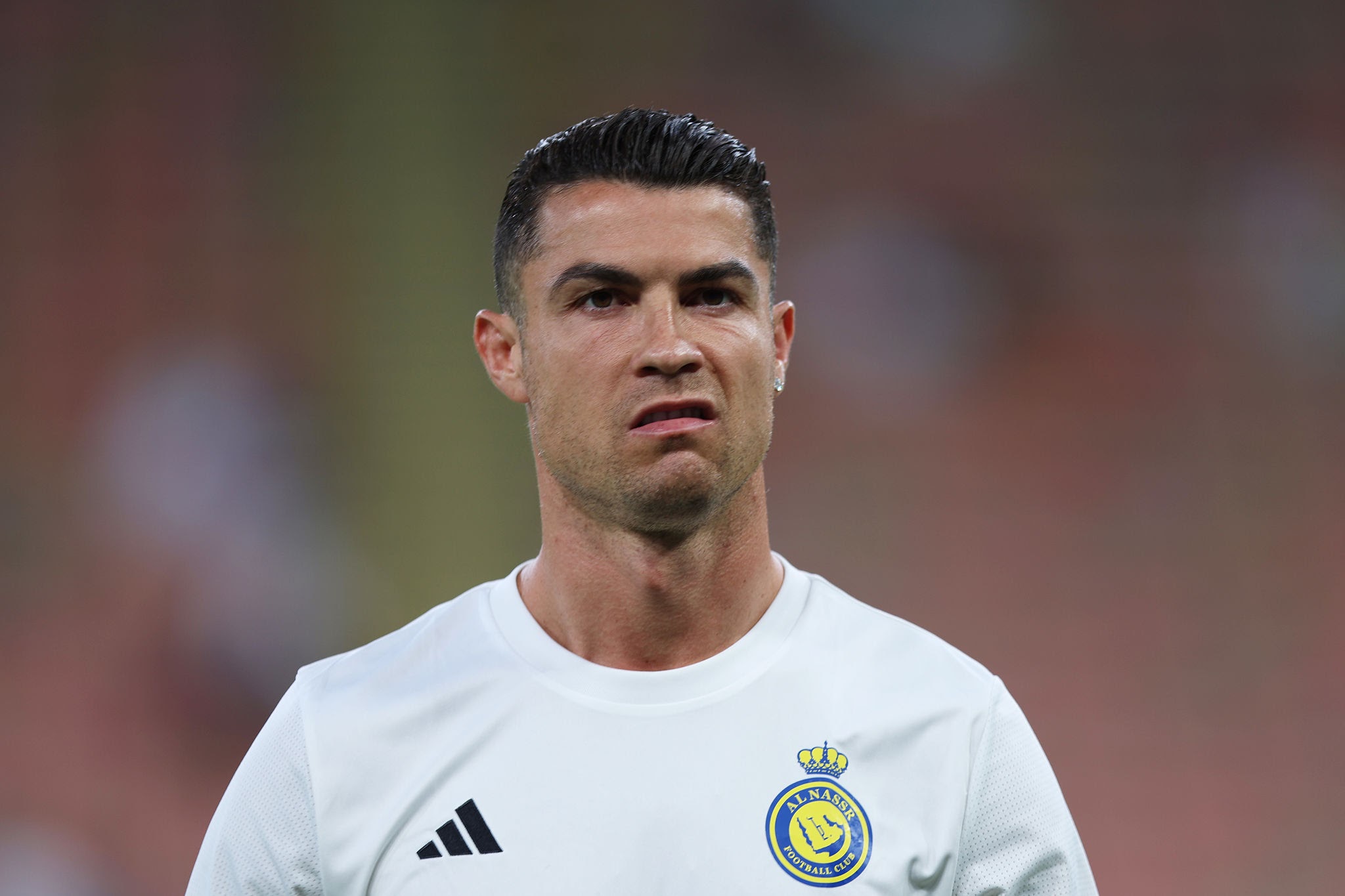 JEDDAH, SAUDI ARABIA - APRIL 30: Cristiano Ronaldo of Al Nassr looks on during the warm up prior to the AFC Champions League Elite Semi Final between Al Nassr and Kawasaki Frontale at King Abdullah Sports City Hall Stadium on April 30, 2025 in Jeddah, Saudi Arabia.  (Photo by Yasser Bakhsh/Getty Images)